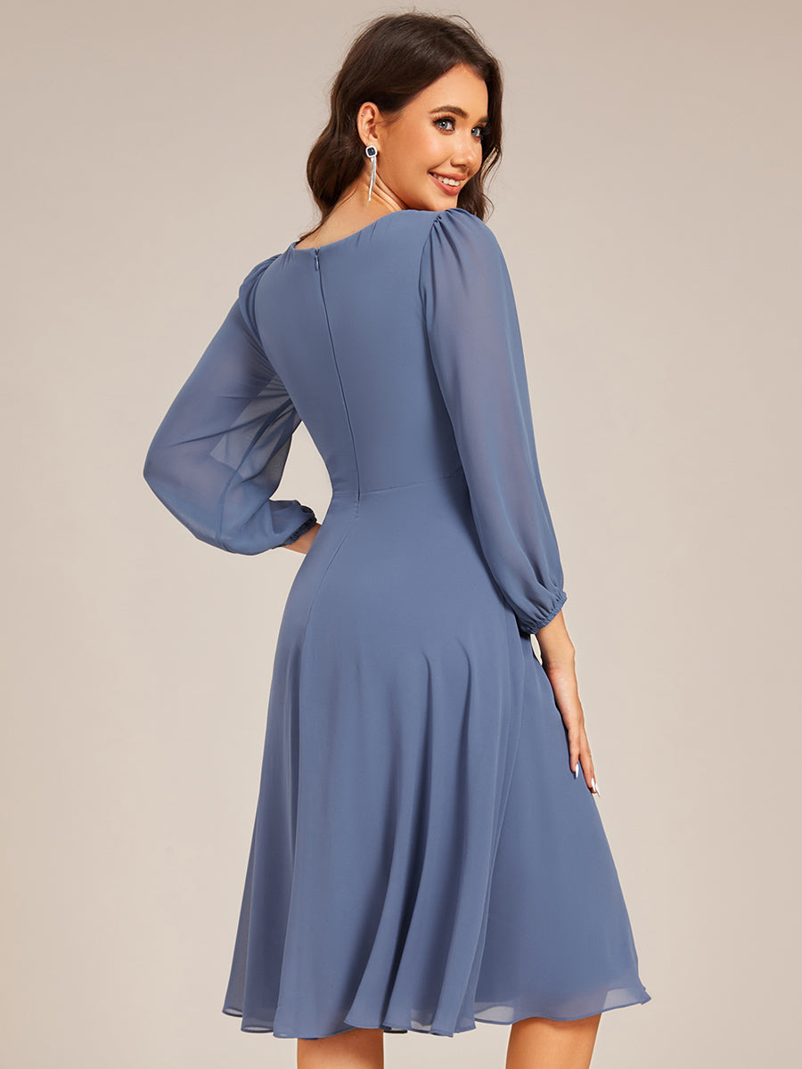 V-neck Long Sleeve Pleated Chiffon Midi Wedding Guest Dress #color_Dusty Blue