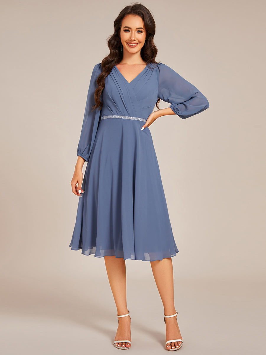 V-neck Long Sleeve Pleated Chiffon Midi Wedding Guest Dress #color_Dusty Navy