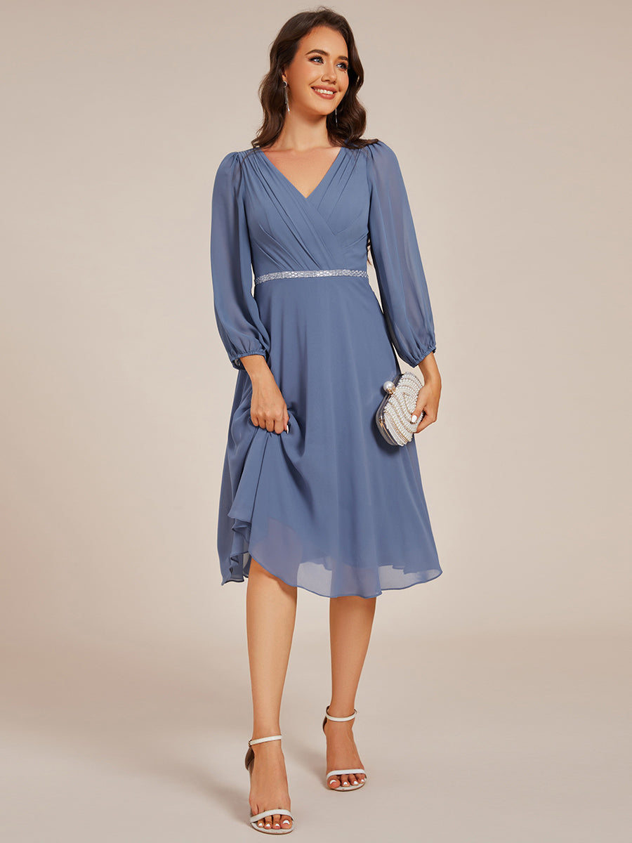 V-neck Long Sleeve Pleated Chiffon Midi Wedding Guest Dress #color_Dusty Navy