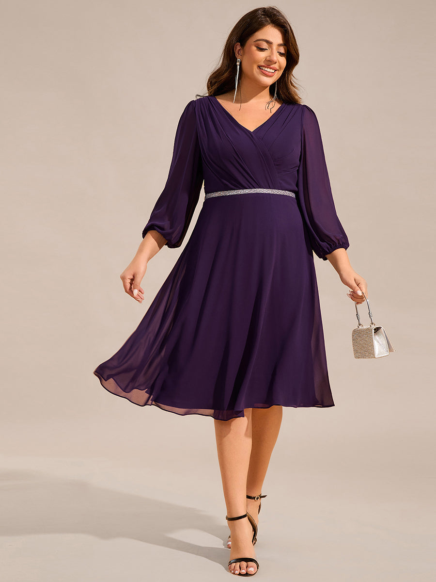 V-neck Long Sleeve Pleated Chiffon Midi Wedding Guest Dress #color_Dark Purple