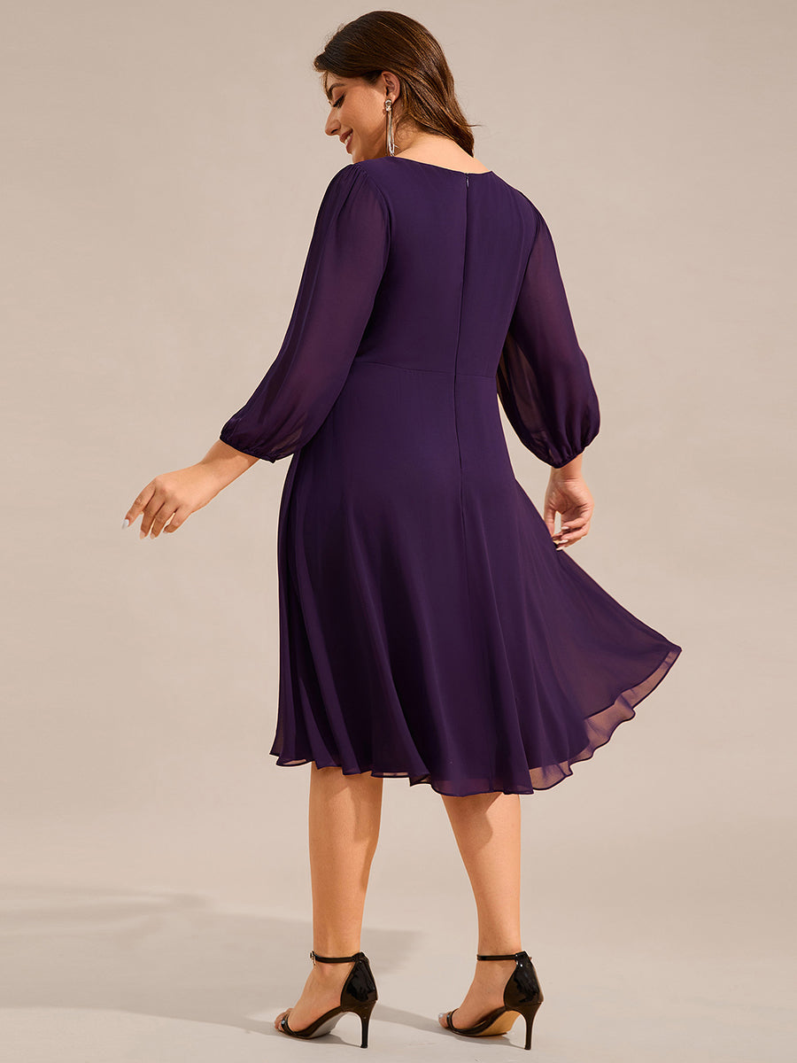 V-neck Long Sleeve Pleated Chiffon Midi Wedding Guest Dress #color_Dark Purple