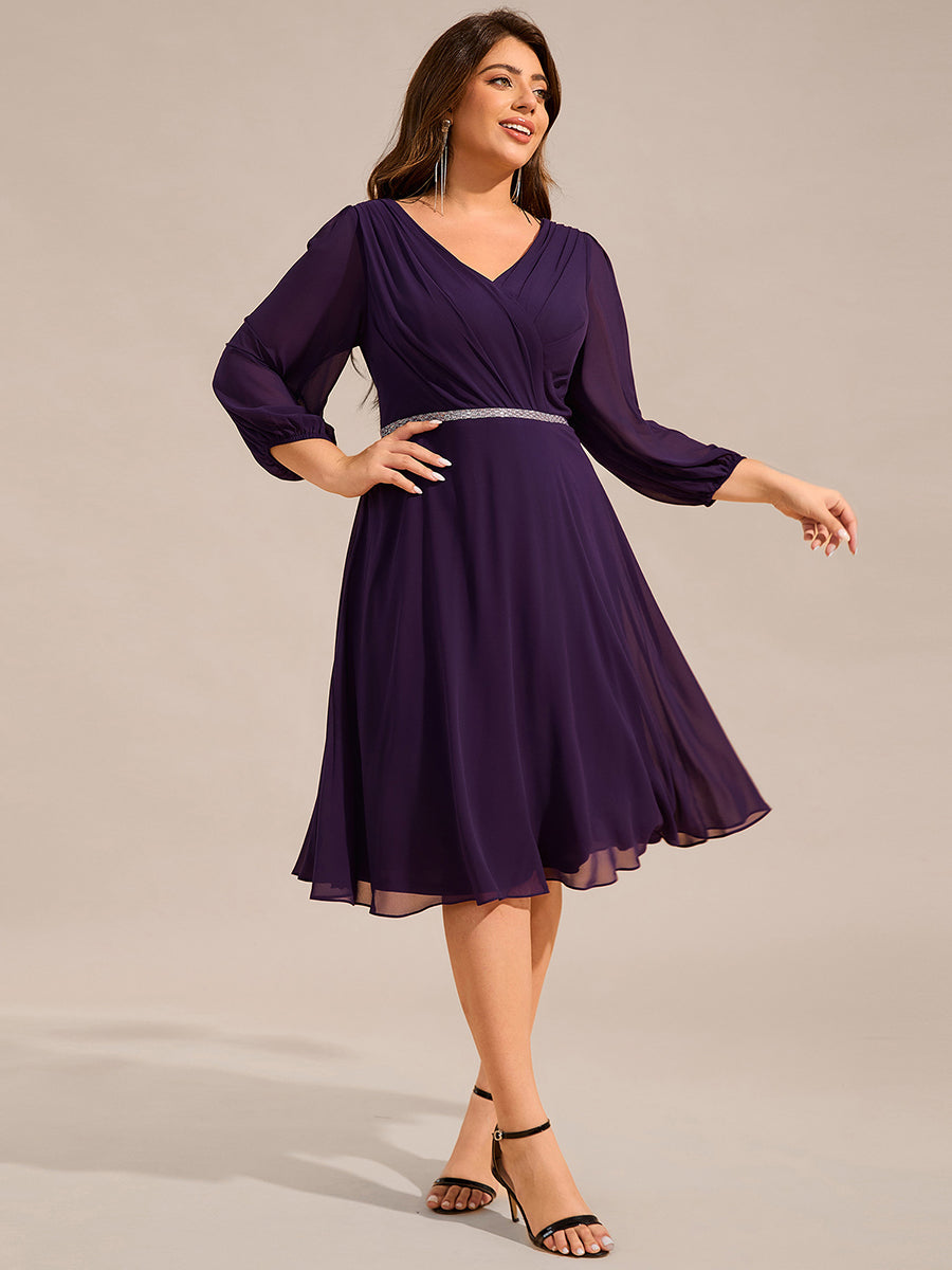 V-neck Long Sleeve Pleated Chiffon Midi Wedding Guest Dress #color_Dark Purple