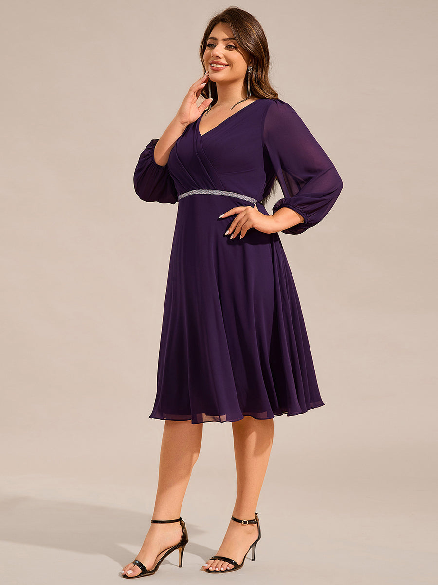 V-neck Long Sleeve Pleated Chiffon Midi Wedding Guest Dress #color_Dark Purple