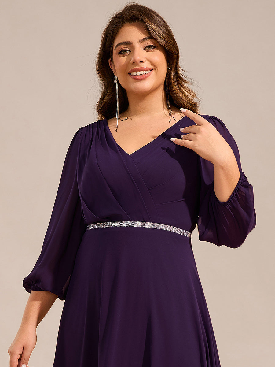 V-neck Long Sleeve Pleated Chiffon Midi Wedding Guest Dress #color_Dark Purple