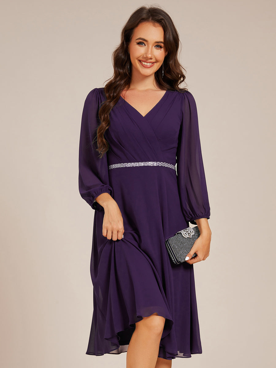 V-neck Long Sleeve Pleated Chiffon Midi Wedding Guest Dress #color_Dark Purple