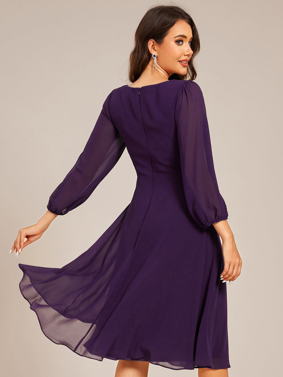 V-neck Long Sleeve Pleated Chiffon Midi Wedding Guest Dress #color_Dark Purple