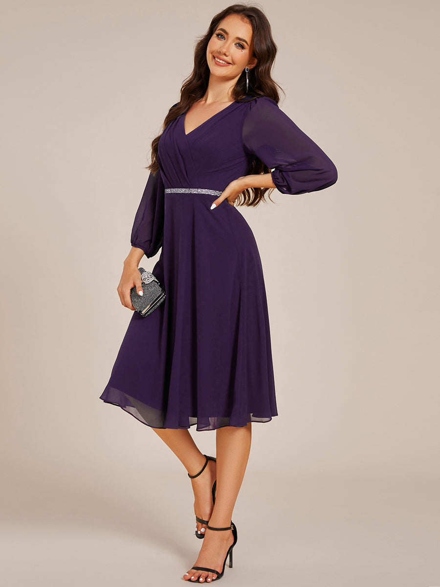 V-neck Long Sleeve Pleated Chiffon Midi Wedding Guest Dress #color_Dark Purple