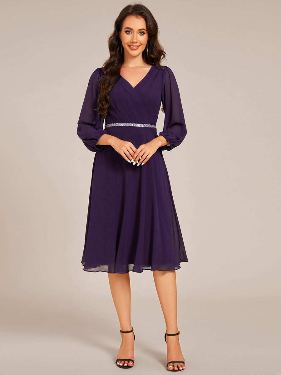 V-neck Long Sleeve Pleated Chiffon Midi Wedding Guest Dress #color_Dark Purple