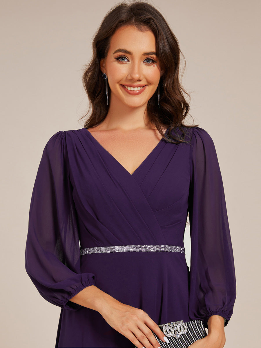 V-neck Long Sleeve Pleated Chiffon Midi Wedding Guest Dress #color_Dark Purple