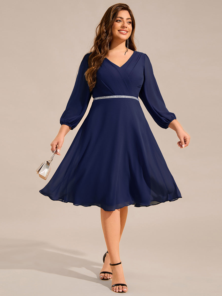 V-neck Long Sleeve Pleated Chiffon Midi Wedding Guest Dress #color_Navy Blue