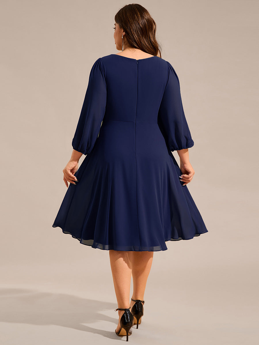 V-neck Long Sleeve Pleated Chiffon Midi Wedding Guest Dress #color_Navy Blue