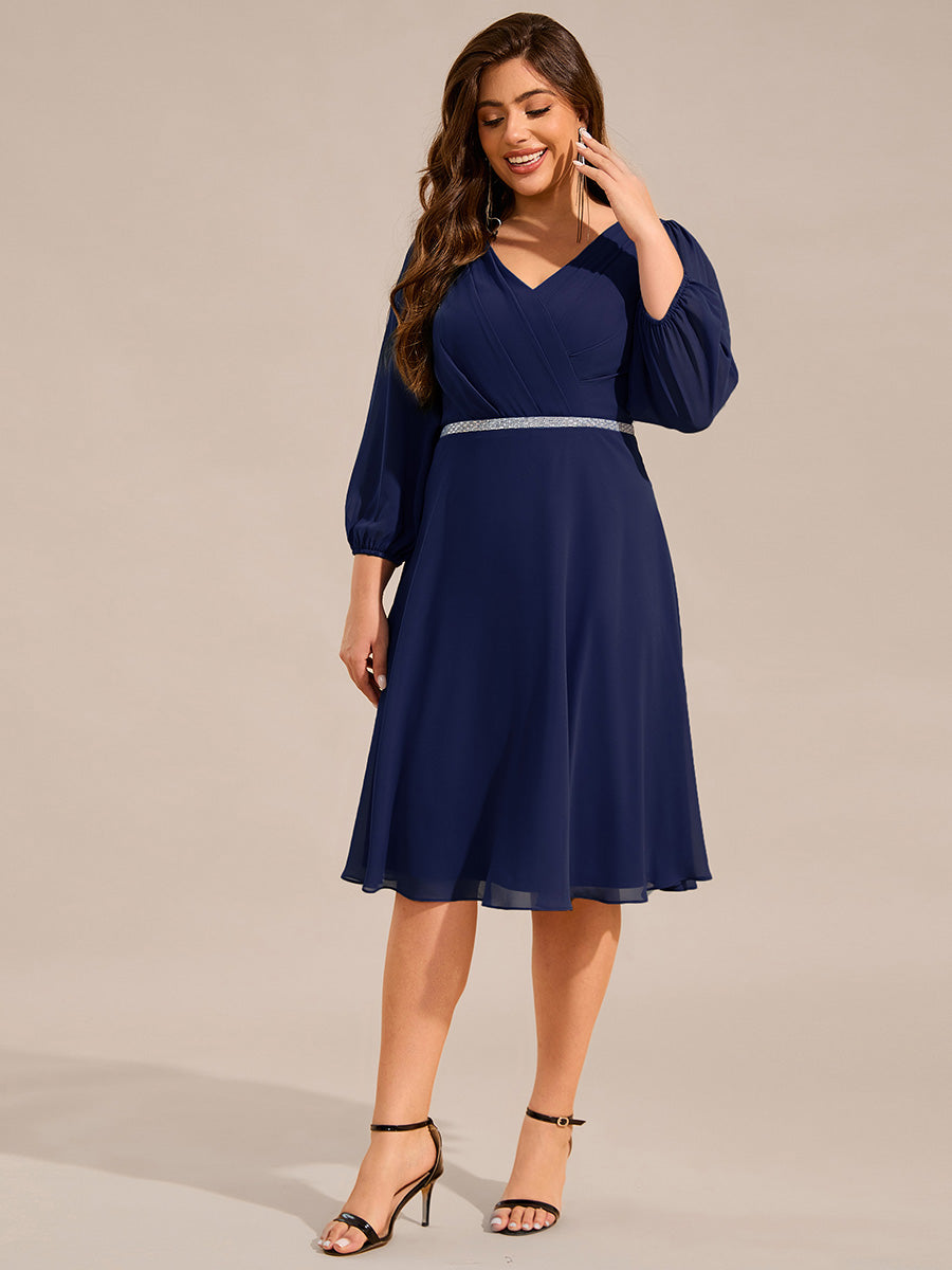 V-neck Long Sleeve Pleated Chiffon Midi Wedding Guest Dress #color_Navy Blue