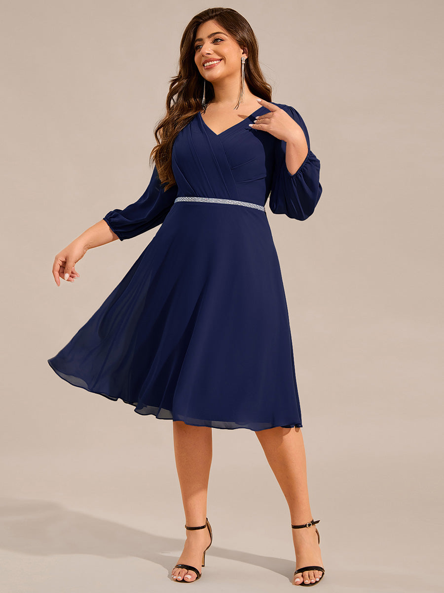 V-neck Long Sleeve Pleated Chiffon Midi Wedding Guest Dress #color_Navy Blue