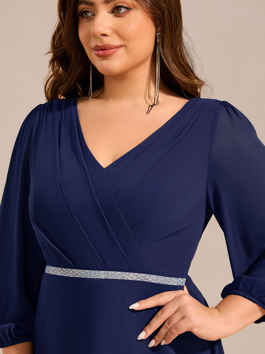 V-neck Long Sleeve Pleated Chiffon Midi Wedding Guest Dress #color_Navy Blue