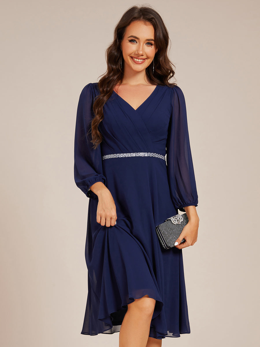 V-neck Long Sleeve Pleated Chiffon Midi Wedding Guest Dress #color_Navy Blue