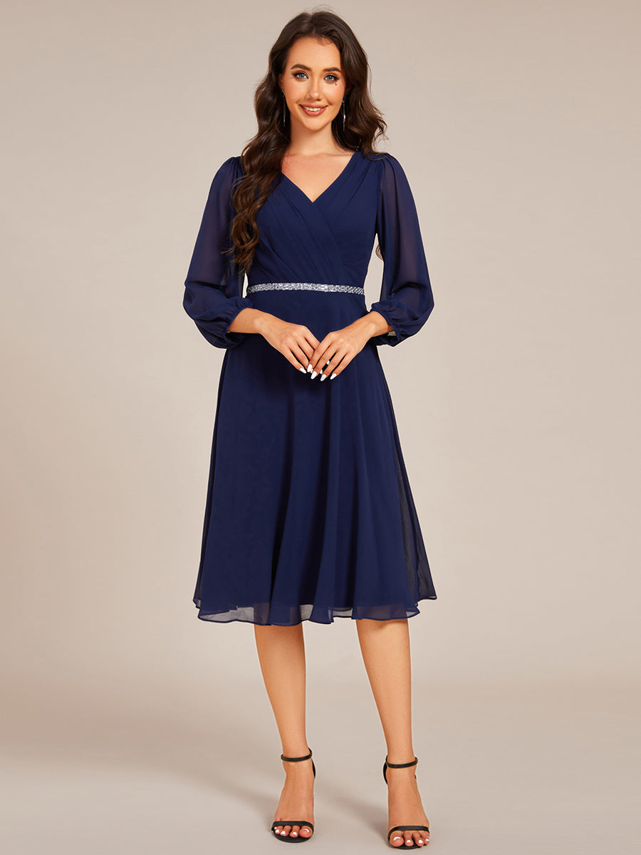 V-neck Long Sleeve Pleated Chiffon Midi Wedding Guest Dress #color_Navy Blue