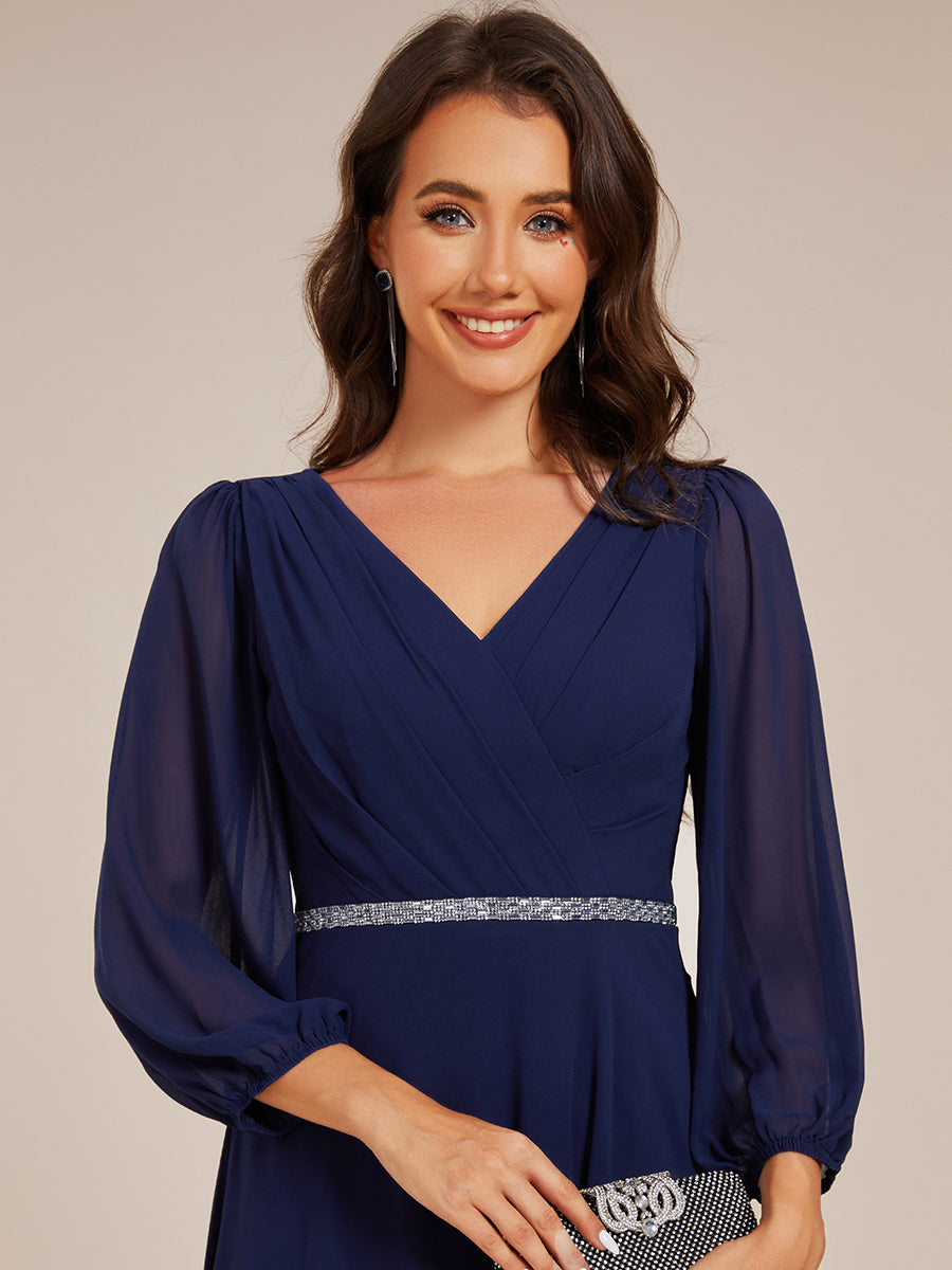 V-neck Long Sleeve Pleated Chiffon Midi Wedding Guest Dress #color_Navy Blue