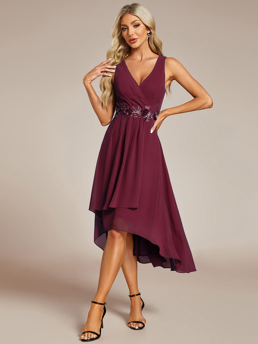 Sleeveless Chiffon High-Low Wedding Guest Dress with Waist Applique #color_Burgundy