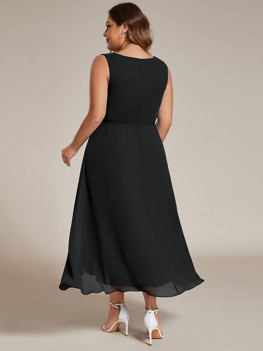 Plus Size Sleeveless Chiffon High-Low Wedding Guest Dress with Waist Applique #color_Black