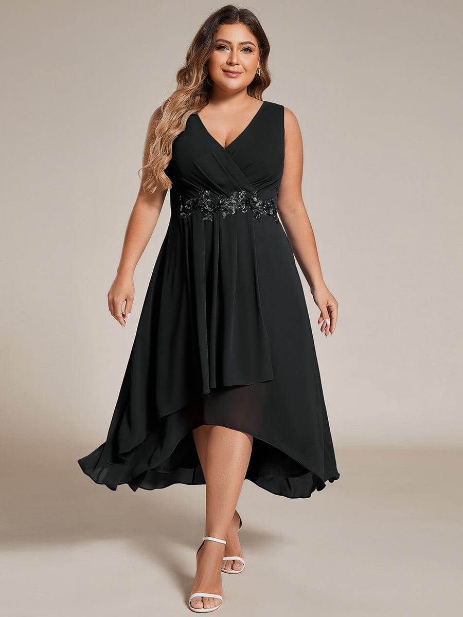 Plus Size Sleeveless Chiffon High-Low Wedding Guest Dress with Waist Applique #color_Black