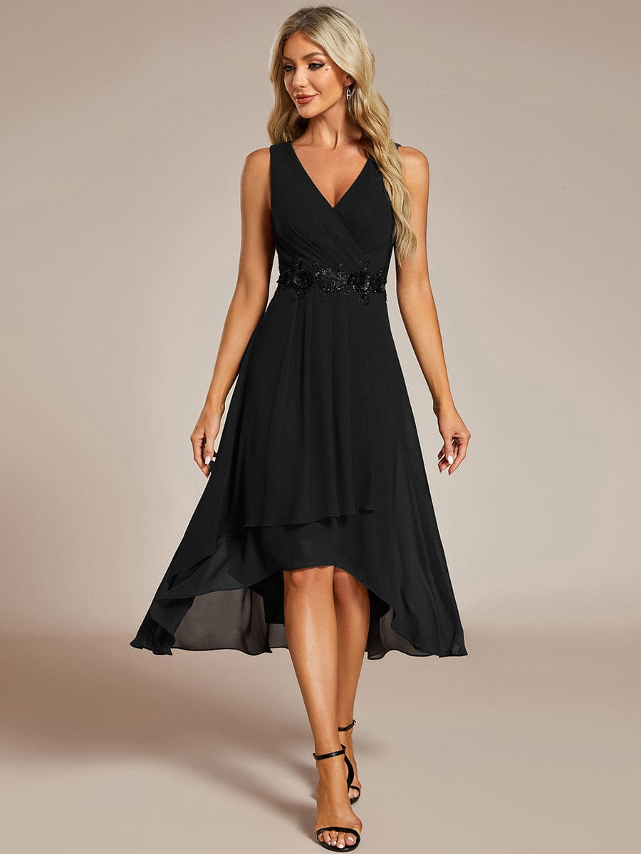 Sleeveless Chiffon High-Low Wedding Guest Dress with Waist Applique #color_Black
