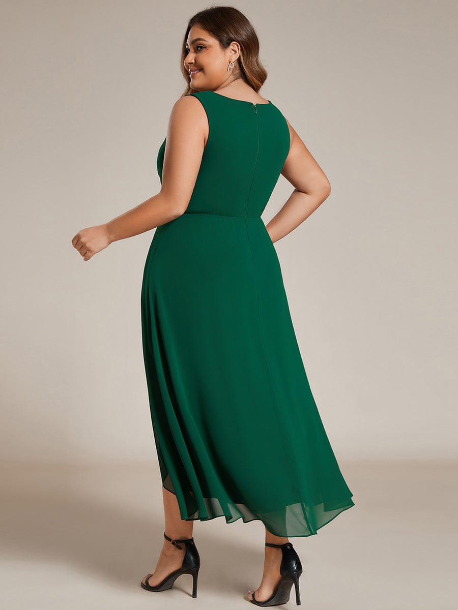 Sleeveless Chiffon High-Low Wedding Guest Dress with Waist Applique #color_Dark Green