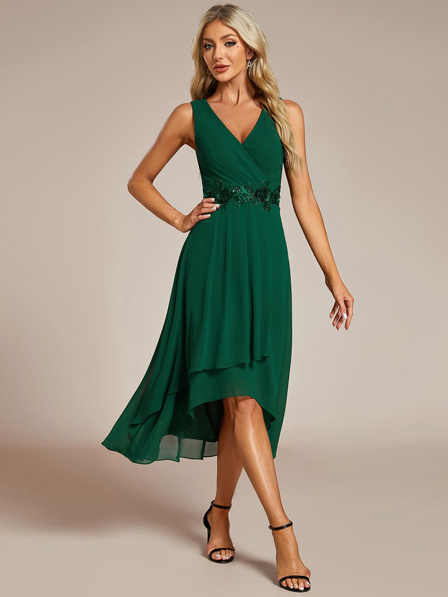 Sleeveless Chiffon High-Low Wedding Guest Dress with Waist Applique #color_Dark Green