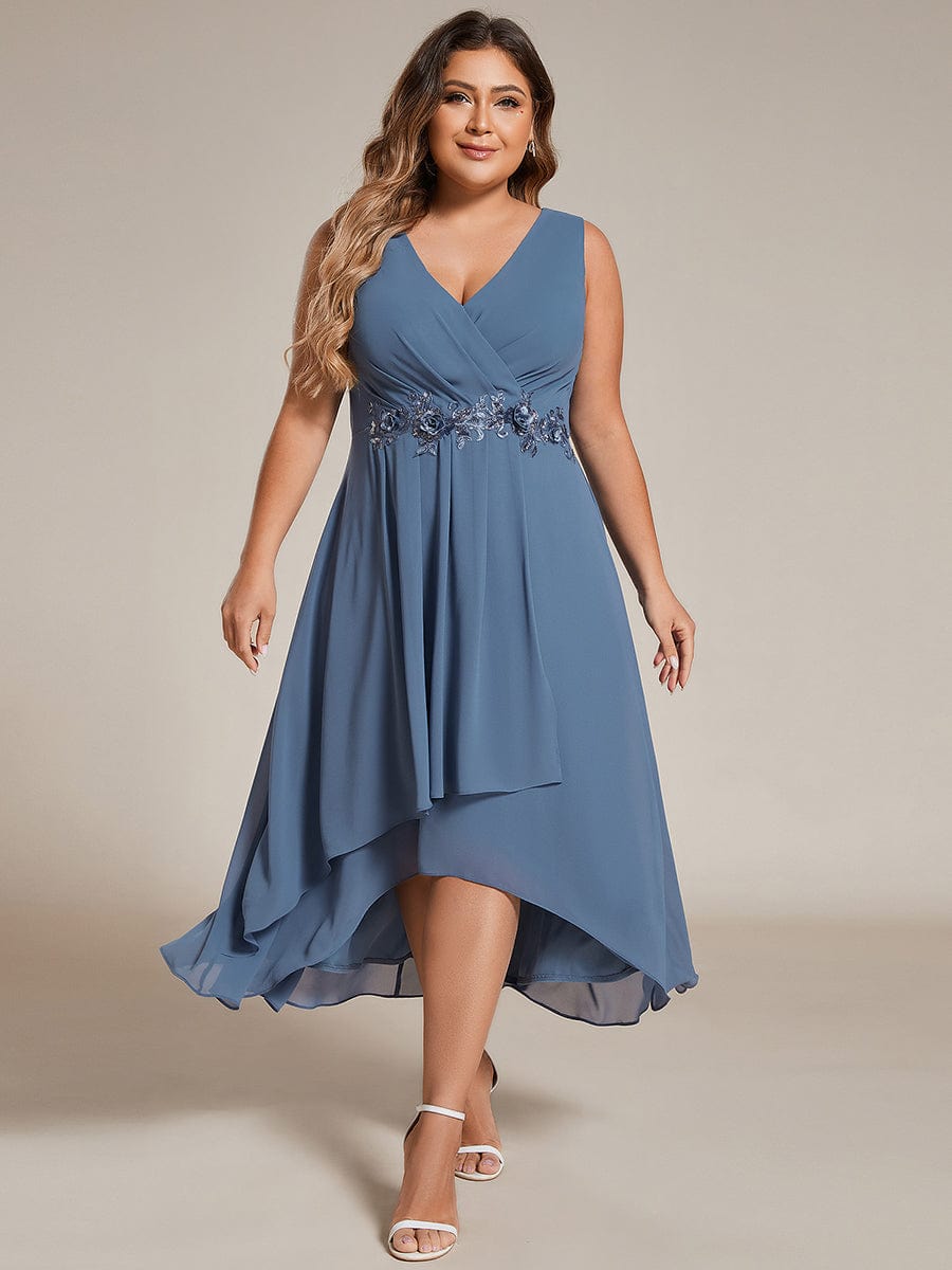 Sleeveless Chiffon High-Low Wedding Guest Dress with Waist Applique #color_Dusty Navy