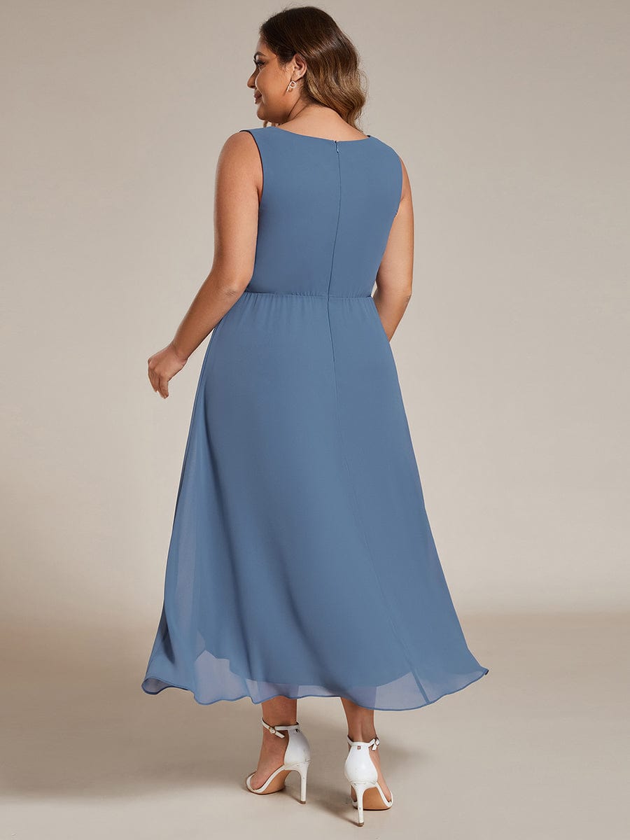 Sleeveless Chiffon High-Low Wedding Guest Dress with Waist Applique #color_Dusty Navy