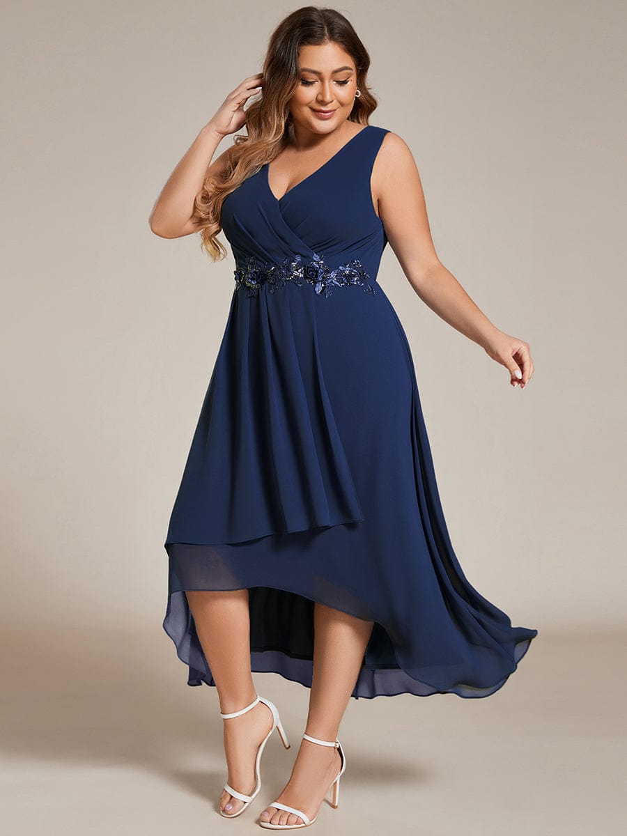 Sleeveless Chiffon High-Low Wedding Guest Dress with Waist Applique #color_Navy Blue