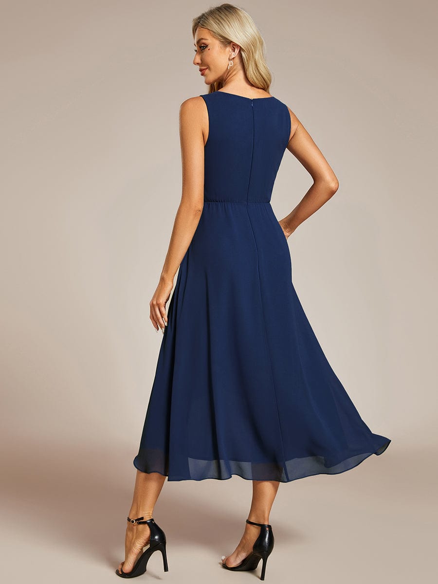 Sleeveless Chiffon High-Low Wedding Guest Dress with Waist Applique #color_Navy Blue