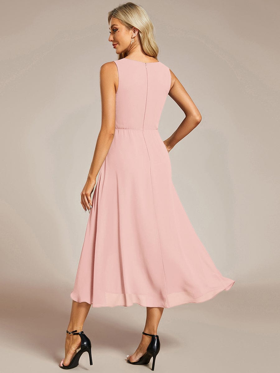 Sleeveless Chiffon High-Low Wedding Guest Dress with Waist Applique #color_Pink