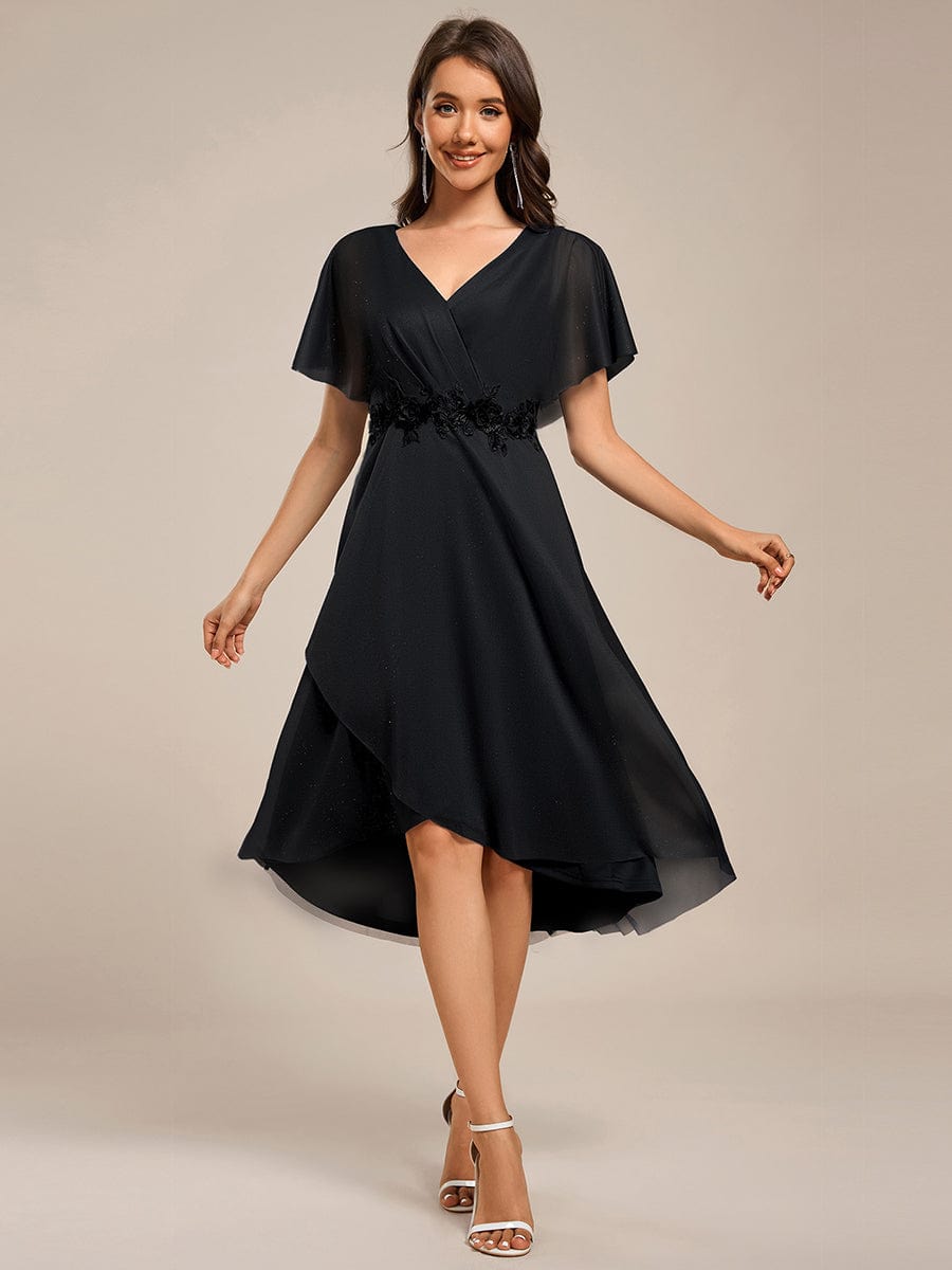 Glitter Bat-Wing Applique Asymmetrical Hem Midi Weeding Guest Dress #color_Black