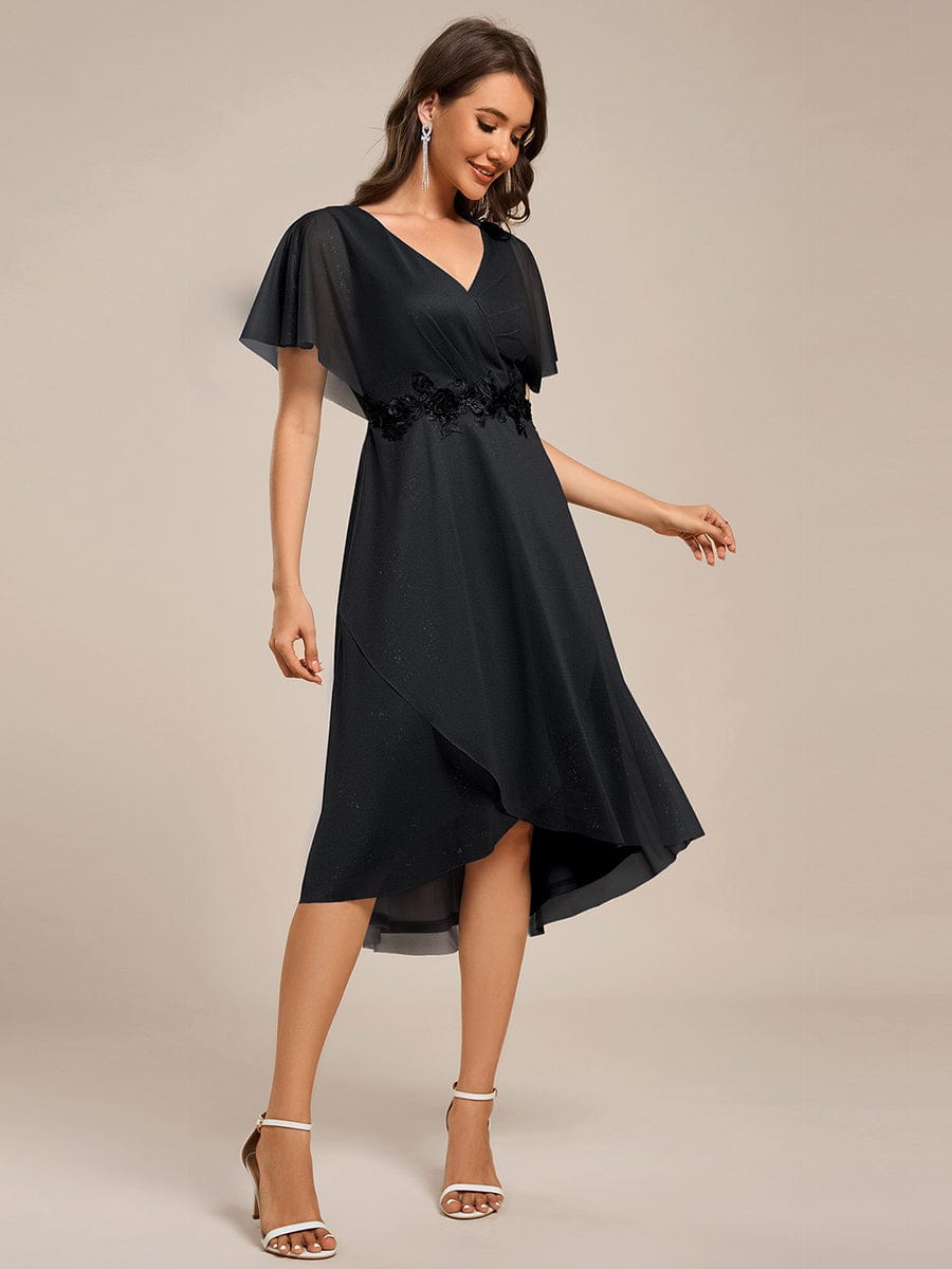 Glitter Bat-Wing Applique Asymmetrical Hem Midi Weeding Guest Dress #color_Black