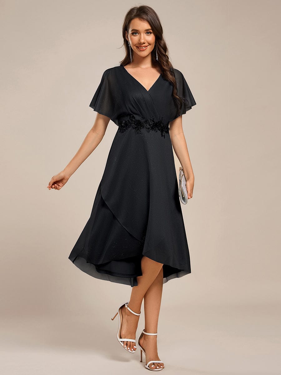 Glitter Bat-Wing Applique Asymmetrical Hem Midi Weeding Guest Dress #color_Black