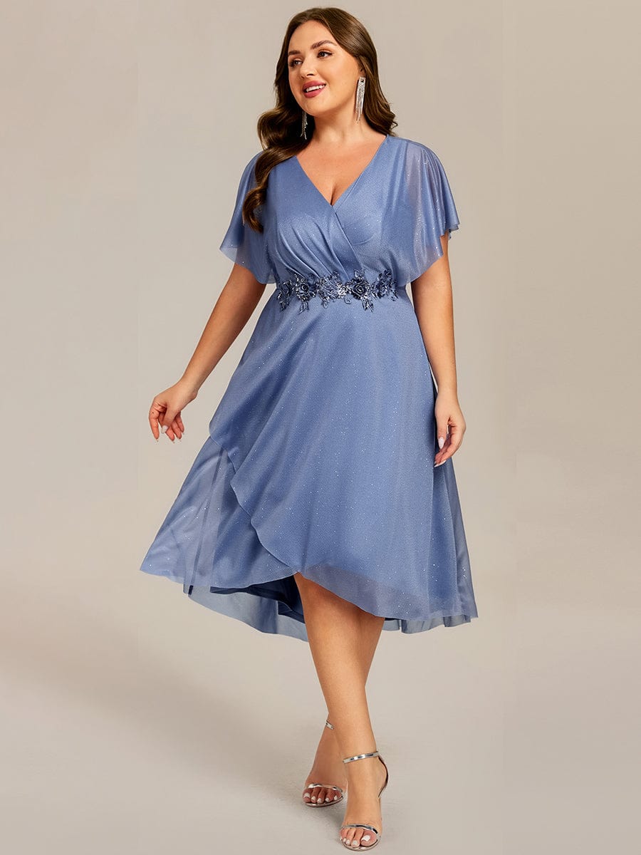 Glitter Bat-Wing Applique Asymmetrical Hem Midi Weeding Guest Dress #color_Dusty Blue