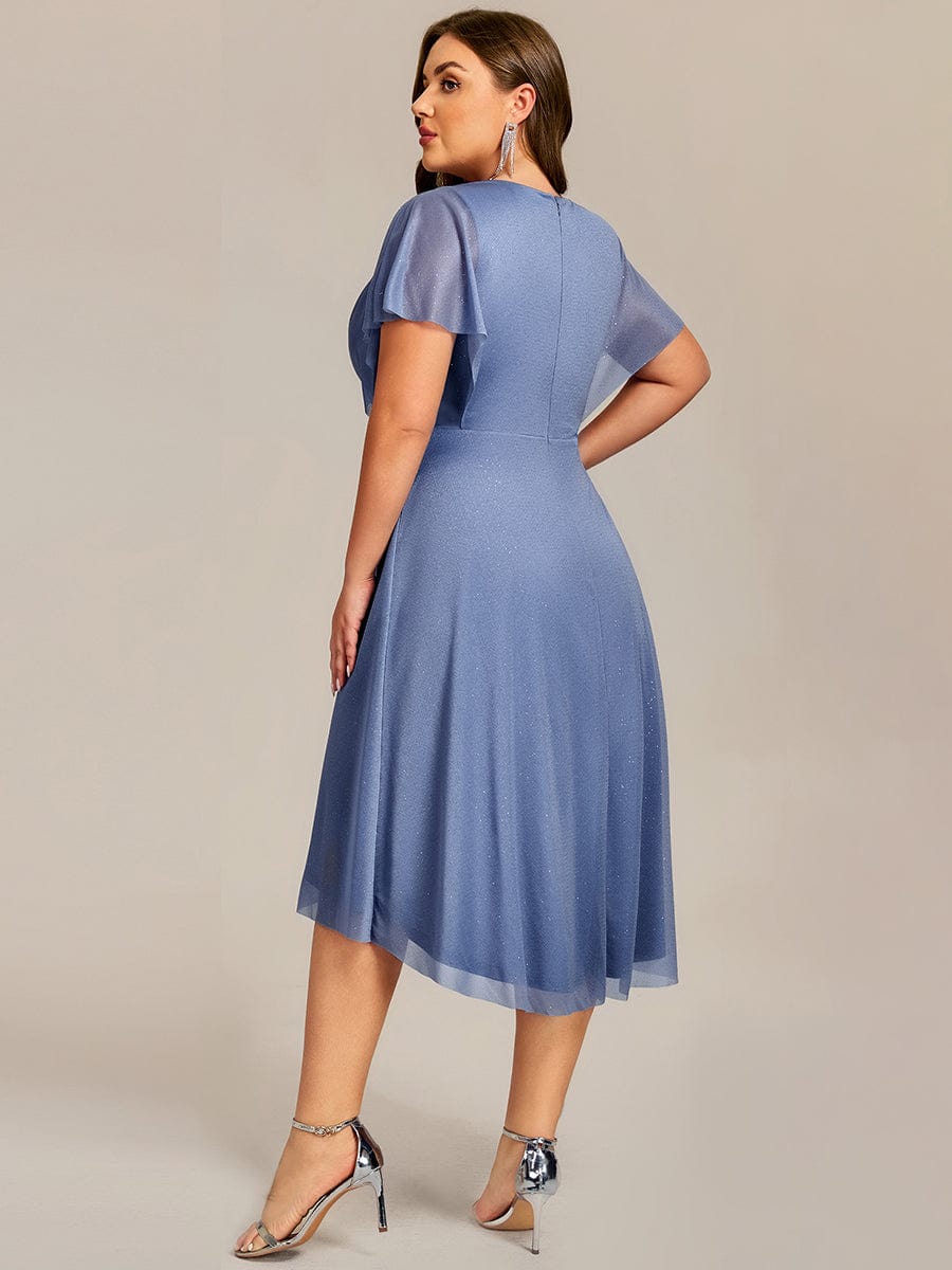 Plus Size Plus Size Glitter Bat-Wing Applique Asymmetrical Hem Midi Weeding Guest Dress #color_Dusty Blue