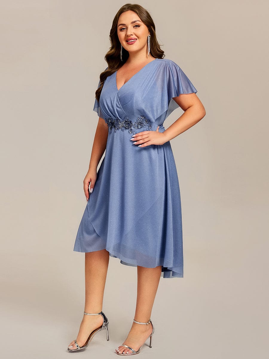 Glitter Bat-Wing Applique Asymmetrical Hem Midi Weeding Guest Dress #color_Dusty Blue