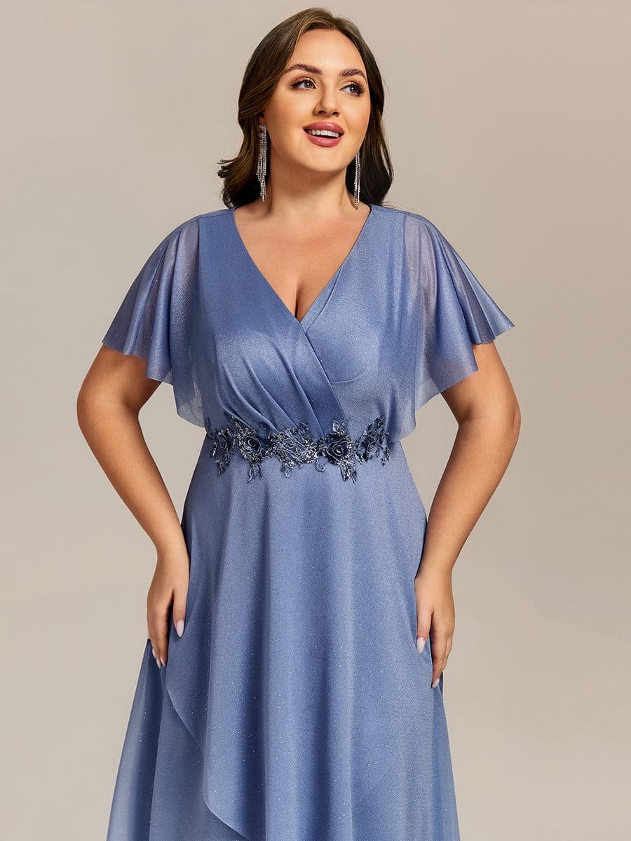 Glitter Bat-Wing Applique Asymmetrical Hem Midi Weeding Guest Dress #color_Dusty Blue