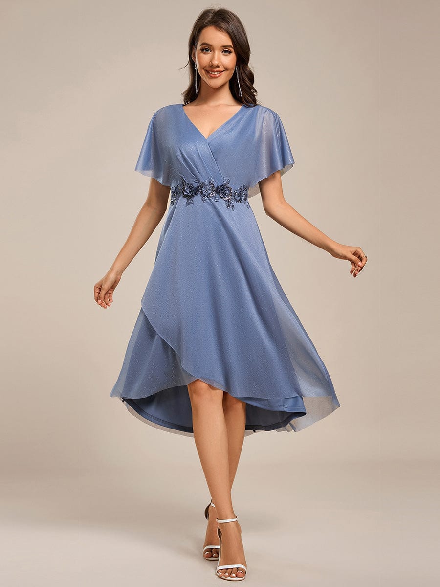 Glitter Bat-Wing Applique Asymmetrical Hem Midi Weeding Guest Dress #color_Dusty Blue