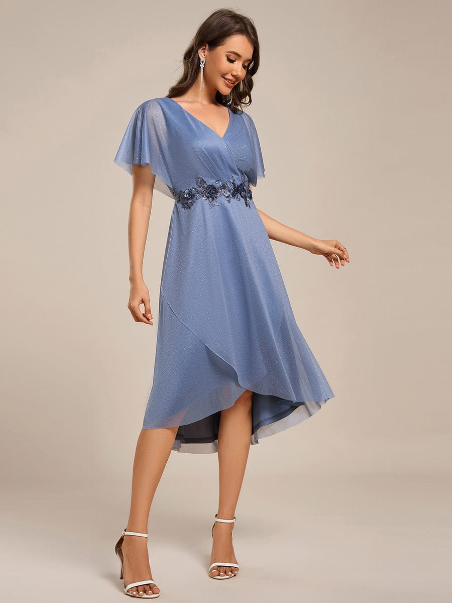 Glitter Bat-Wing Applique Asymmetrical Hem Midi Weeding Guest Dress #color_Dusty Blue