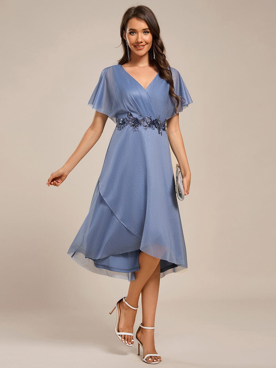 Glitter Bat-Wing Applique Asymmetrical Hem Midi Weeding Guest Dress #color_Dusty Blue