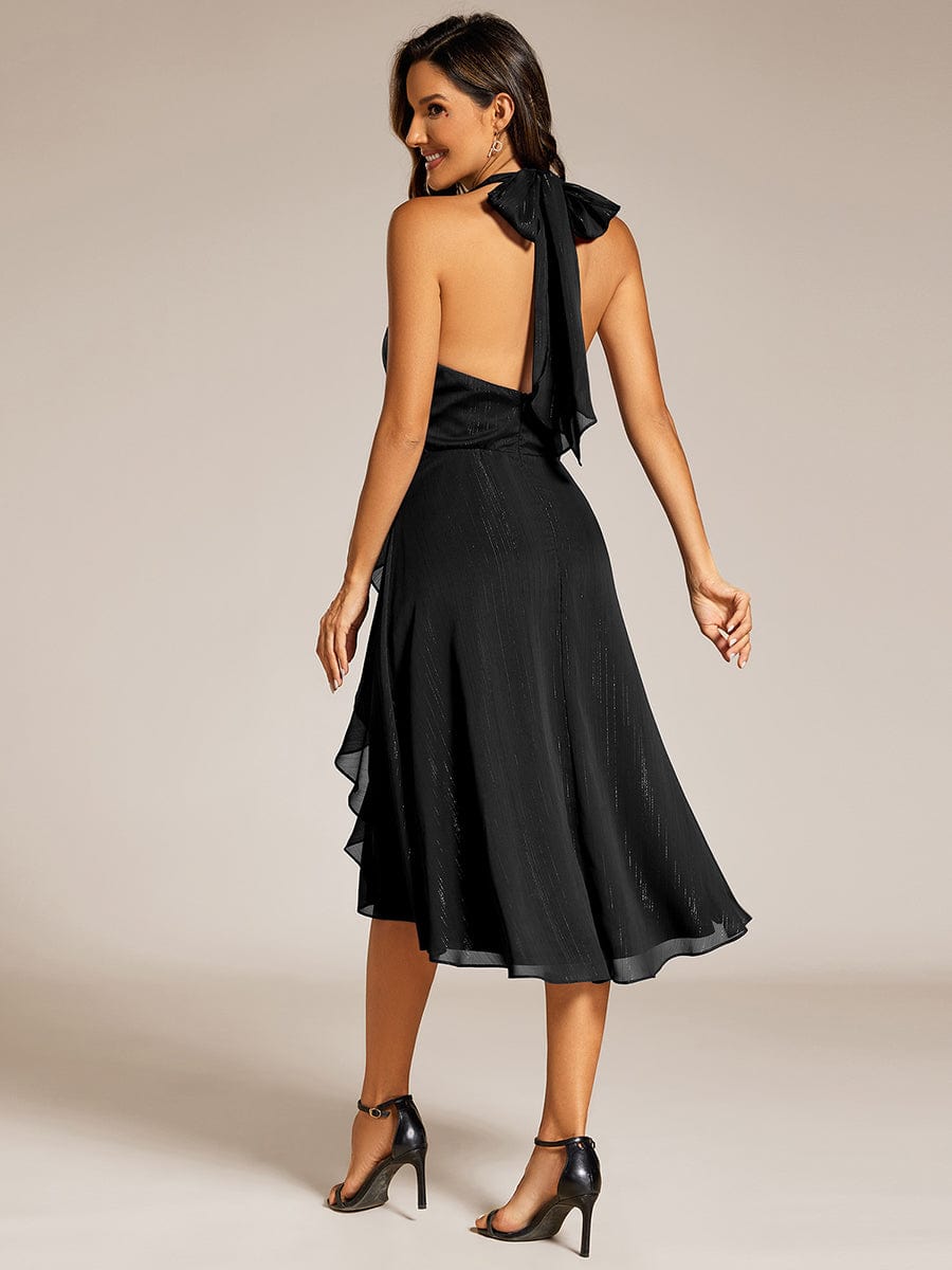 Sparkle Halter Bow Sleeveless Backless Wedding Guest Dress with V-Neck #color_Black