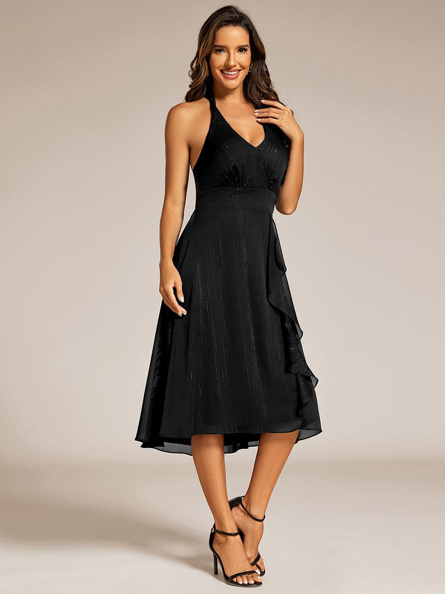 Sparkle Halter Bow Sleeveless Backless Wedding Guest Dress with V-Neck #color_Black