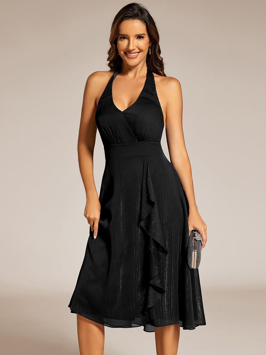 Sparkle Halter Bow Sleeveless Backless Wedding Guest Dress with V-Neck #color_Black