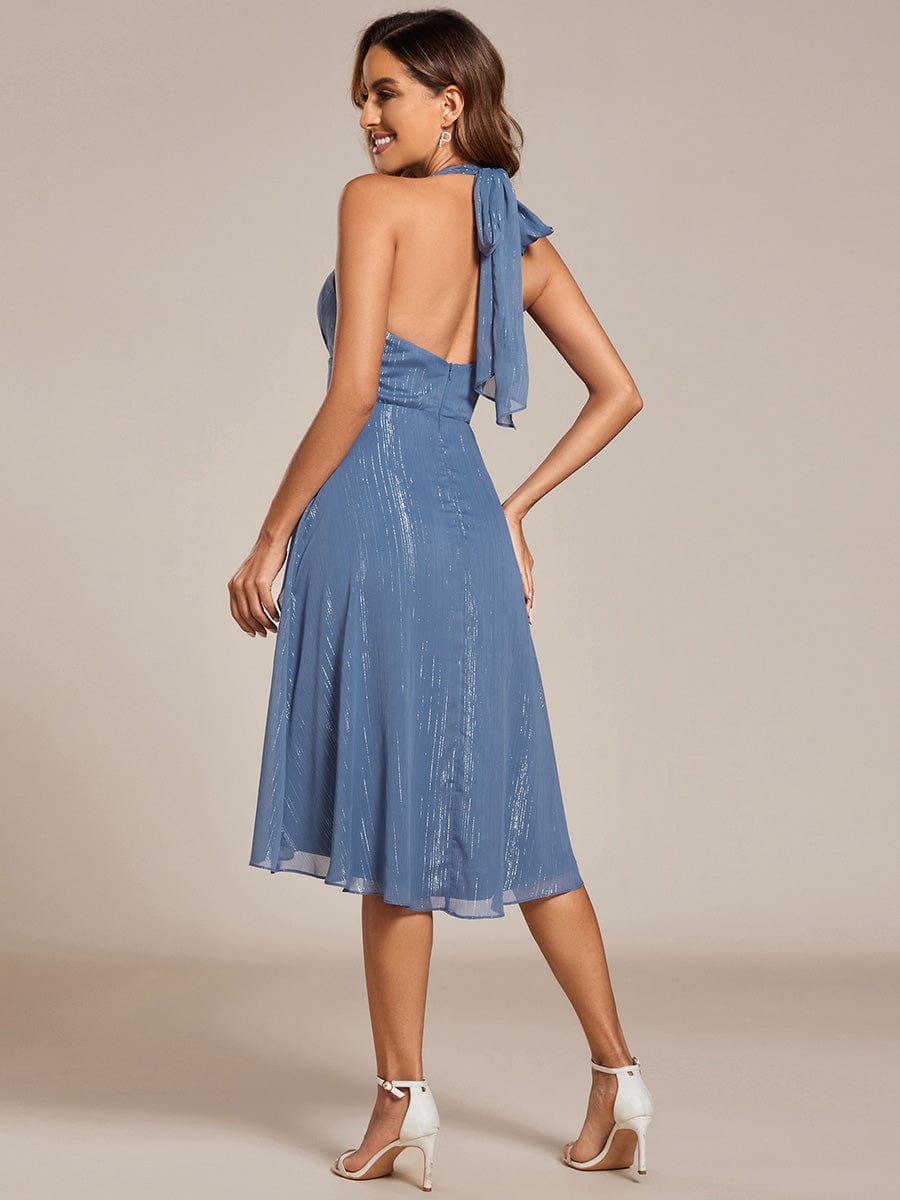 Sparkle Halter Bow Sleeveless Backless Wedding Guest Dress with V-Neck #color_Dusty Blue