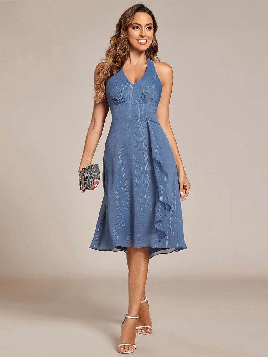 Sparkle Halter Bow Sleeveless Backless Wedding Guest Dress with V-Neck #color_Dusty Navy