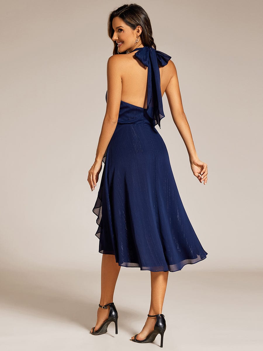 Sparkle Halter Bow Sleeveless Backless Wedding Guest Dress with V-Neck #color_Navy Blue