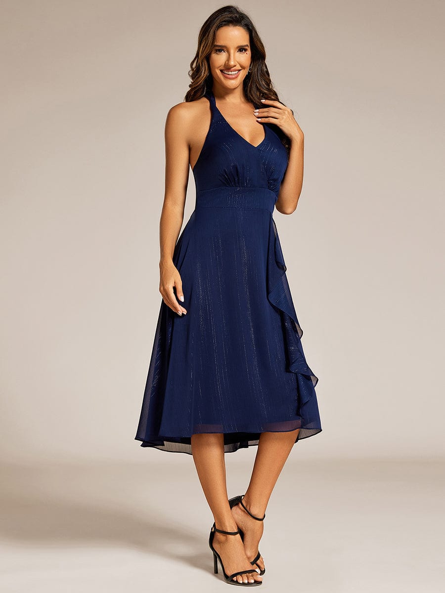 Sparkle Halter Bow Sleeveless Backless Wedding Guest Dress with V-Neck #color_Navy Blue