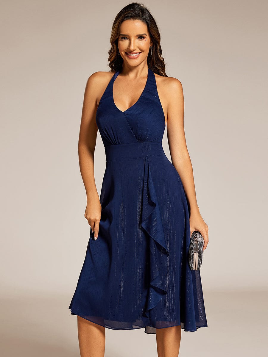 Sparkle Halter Bow Sleeveless Backless Wedding Guest Dress with V-Neck #color_Navy Blue